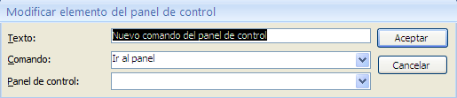 5. Haz clic en el botón Nueva, para comenzar a añadir acciones al panel de control. Esta acción dará como resultado el cuadro de diálogo, Modificar elemento del panel de control. 6.