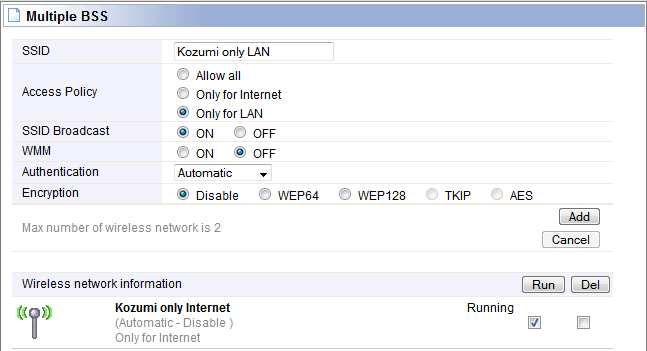17. Luego vamos a crear un AP virtual solo para LAN. Para ello la red se va a llamar Kozumi only LAN. Esta red será una red abierta.