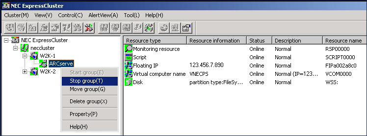 Implementación del servidor de CA ARCserve Backup en el clúster NEC Detener grupos de clústeres de NEC Si necesita editar las propiedades del grupo (por ejemplo, editar los archivos start.bat o stop.