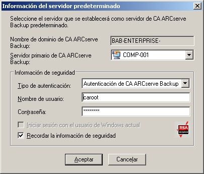 Inicio de sesión en CA ARCserve Backup 2. Para cambiar el servidor predeterminado o especificar uno diferente, seleccione un servidor en la lista de servidores primarios de CA ARCserve Backup.
