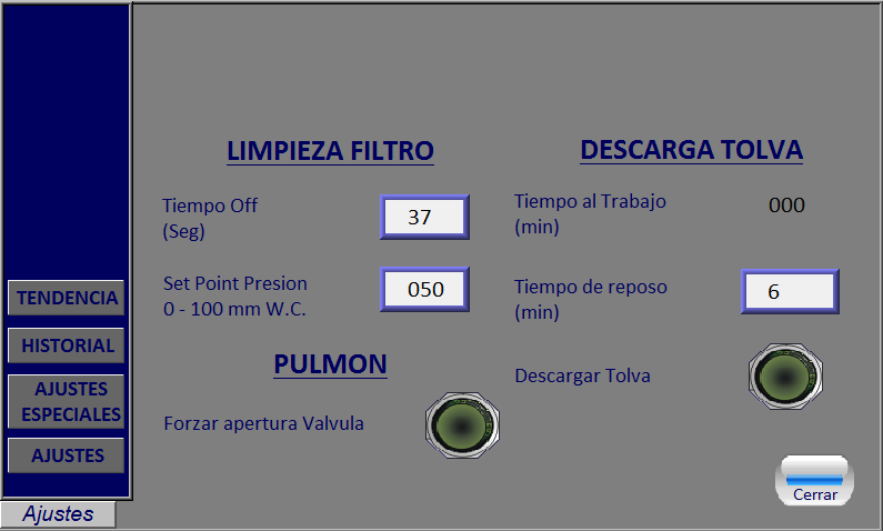 AJUSTES PANEL DE CONTROL La pantalla inicial del sistema, muestra un esquema del proceso en el que se indica la posición actual de las válvulas mariposa, la presión diferencial en el filtro, la