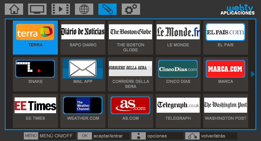 Blusens Web:tv 12. APLICACIONES ESPAÑOL Seleccione el icono y se mostrará el listado de las aplicaciones de terceras partes y otros proveedores de contenidos.