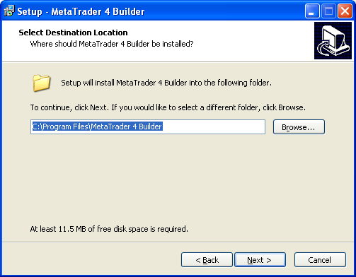Puede elegir donde quiere instalar el Metatrader 4 Builder.