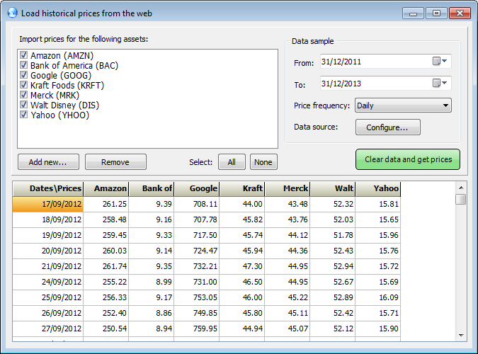 Importación de datos Los datos de precios históricos de activos pueden leerse tanto de documentos de MS Excel como de