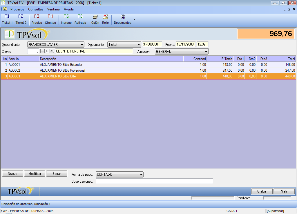 TPVsol 2009 Edición Verano Procesos 32 Introduzca el código de cliente. Puede utilizar la función Alt+F1 para localizarlo en el fichero de clientes o crear una nueva ficha.