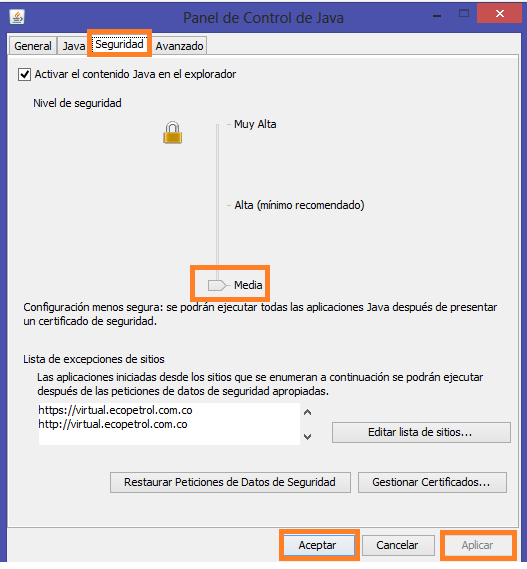 2 Configure Java 7 a Ingrese a panel de control y busque b Busque la pestaña seguridad y cambie el el icono de Java.