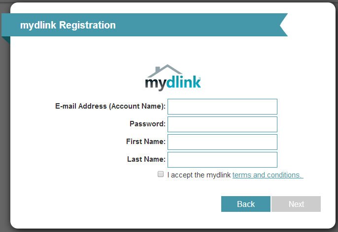 mydlink,"complete la información requerida y marque la casilla Acepto los términos y condiciones mydlink con el fin de crear una nueva cuenta de mydlink.