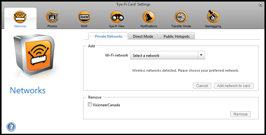 Agregar o eliminar redes inalámbricas privadas Nota: Para configurar las opciones de red para la tarjeta deberá tener la tarjeta Eye-Fi conectada al equipo.
