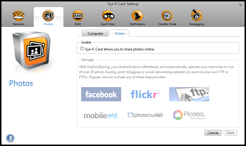 En línea: seleccione La tarjeta Eye-Fi le permite compartir fotos en línea y, a continuación, elija el sitio para compartir archivos que desee utilizar para cargar y compartir archivos.