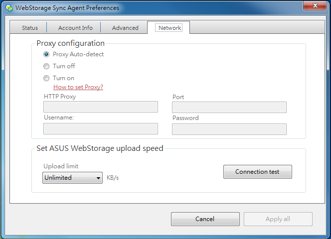 Establecer la velocidad de carga de ASUS WebStorage: puede comprobar el estado de la conectividad, el número y el tamaño de los archivos que se van a cargar y los recursos del sistema, así como