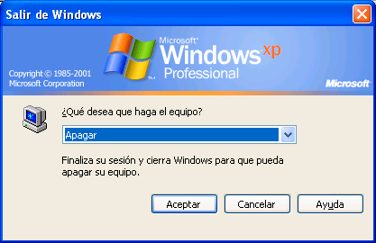 Salir de Windows A través del cuadro de diálogo Salir de Windows se proporcionan opciones para apagar y reiniciar el equipo entre otras.