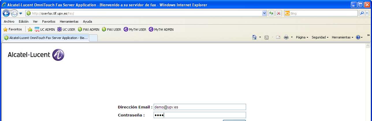 1. Interfaz de Usuario. En primer lugar abrimos un navegador web, e introducimos la dirección web http://fax.upv.es/fax/. Veremos una pantalla de bienvenida como la que muestra la figura 1. Figura 1.