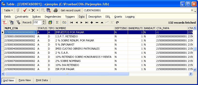 1. Dentro de IBExpert se abre la tabla de CUENTAS0801 y se localizan las cuentas 2150-001-000 a la 2150-009-000.