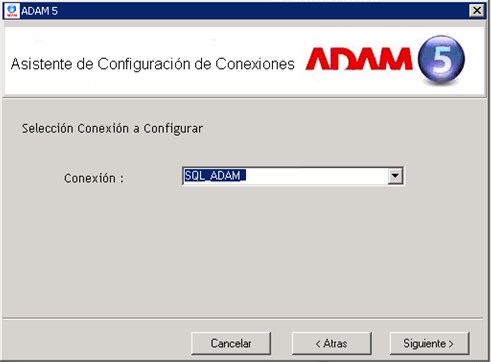 Cómo configurar los Web Services desde el asistente de conexiones de ADAM5, continúa 3 Haz clic en el botón de la opción Configurar una conexión existente. Haz clic en el botón Siguiente.
