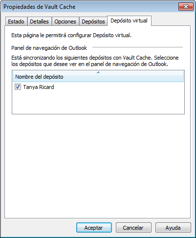 18 Configuración de Enterprise Vault Desactivar la función Autoarchivar de Outlook 3 En la ficha Depósito virtual, seleccione el nombre del depósito que desea mostrar u ocultar en el panel de
