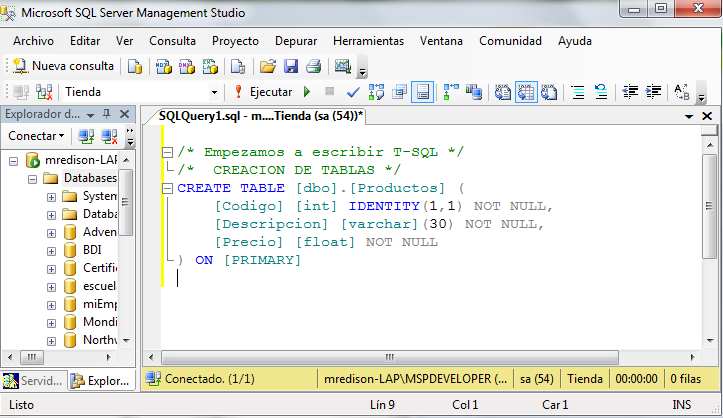 Paso 6: Empiece a escribir código T-SQL en el espacio de trabajo de SQL Server. Código Tabla Productos: CREATE TABLE [dbo].