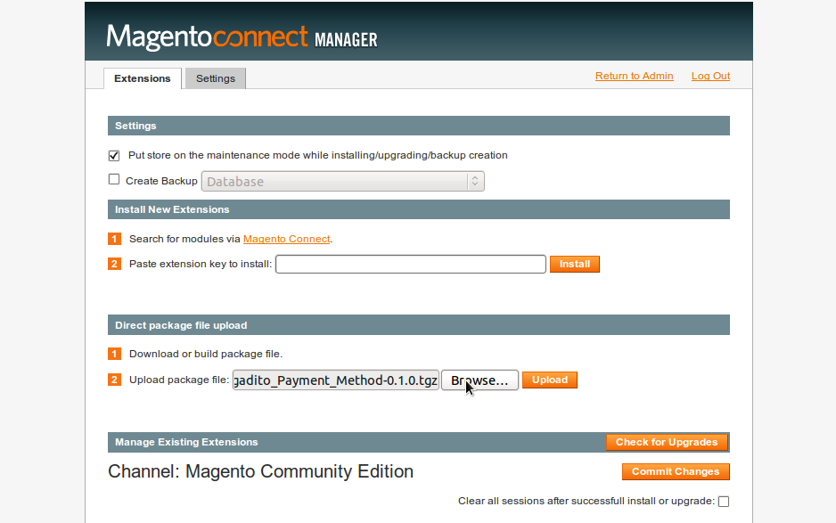 Instalación. Ingrese a la administración de nuestro sitio web en Magento. Por lo general, se ingresa a través de la URL de su sitio: www.misitioweb.com/index.