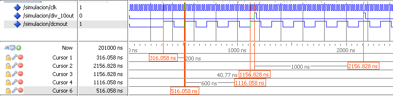 3.1.6. Síntesis y simulación temporal Contador + DCM + Divisor de frecuencia.