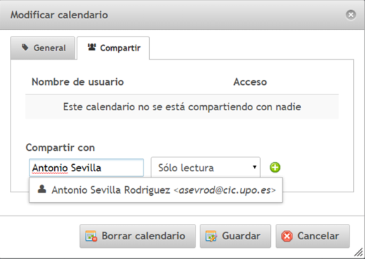 Compartir calendarios Se pueden compartir calendarios con uno o más usuarios de la Universidad Pablo de Olavide.
