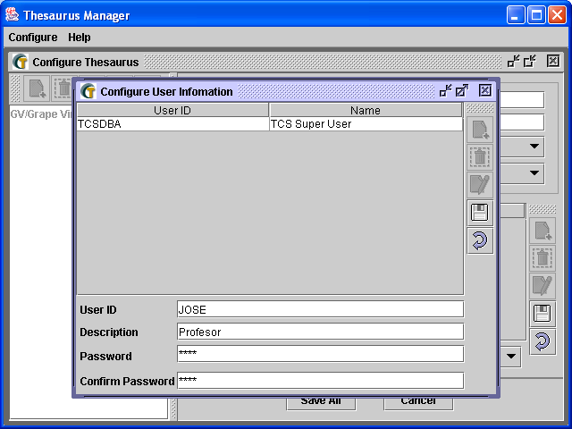 Añadir un usuario. Thesaurus Manager Para crear un usuario: 1. Pulsa en Configure, User 2.