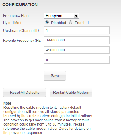 Página de configuración del CABLE MÓDEM En esta página se tiene la posibilidad de configurar la ID del canal upstream y 3 frecuencias favoritas para luego guardarlas.