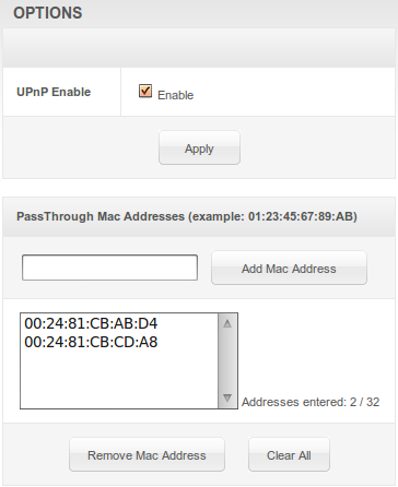 Descripciones de campo para la página de opciones avanzadas Campo Habilitar UPnP Descripción Enciende el agente de protocolo Universal Plug and Play (UPnP) en el administrador de configuración.