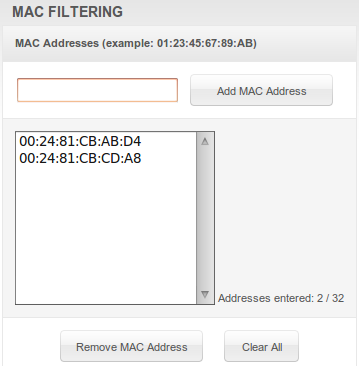 Descripciones de campo para la página de filtrado MAC avanzado Campo Direcciones MAC Descripción Dirección Media Access Control, un conjunto único de 12 dígitos hexadecimales asignado a un PC durante