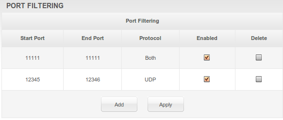 Nota: Las rangos de puertos especificados están bloqueados para todos los PC, y esta configuración no es específica para direcciones IP o direcciones MAC.