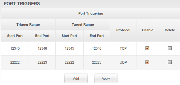 Página de disparadores avanzados de puertos Esta página le permite configurar disparadores dinámicos para dispositivos específicos en la red LAN.