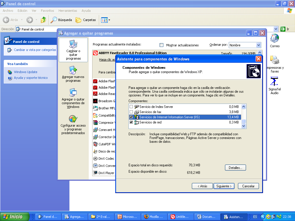 PRACTICA 1 INSTALACIÓN SERVIDOR IIS-FTP Paso 1. En Windows XP Ir a Inicio / Panel de control/ Agregar o quitar programas.