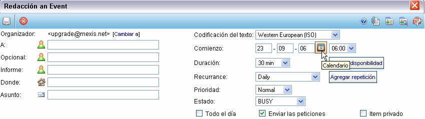 La opción Correo lo lleva nuevamente a visualizar su INBOX: La opción Calendario le permite administrar su información de calendario (encuentros, citas, eventos, etc.
