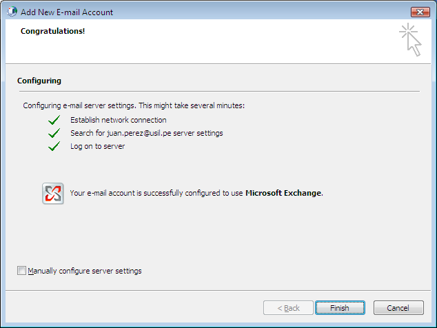 Outlook 2007 configurará la cuenta automáticamente. Se le solicitará el nombre de usuario y contraseña para que Outlook 2007 pueda conectarse a la cuenta.