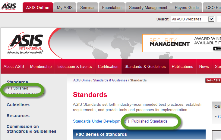 3. Choose Published standards. More than one link leads to the page listing the published documents.