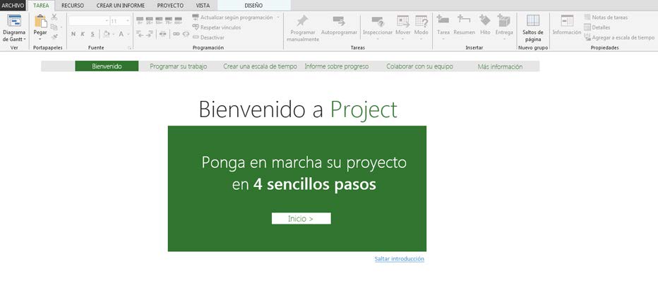 Cuatro pasos para la administración de proyectos Si es su primera vez en la administración de archivos, Project 2013 puede mostrarle cómo tomar una buena carrerilla con la guía integrada de Project.