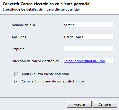 Figura 6.0 Formulario Convertir Correo electrónico en cliente Potencial 7.