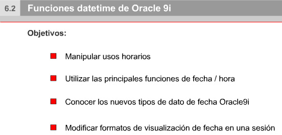 6.2 Funciones datetime de Oracle 9i 6.2.1 Objetivos Una subconsulta es una consulta dentro de una consulta.