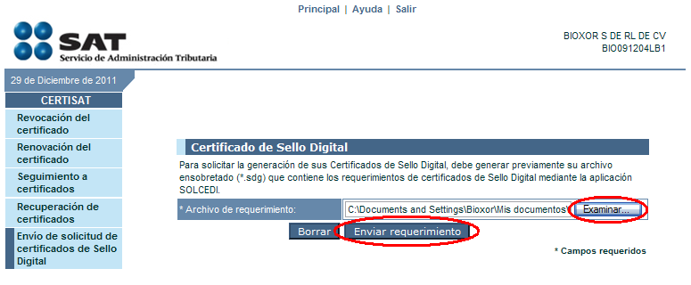 4.6 Una vez dentro del portal, nos debemos dirigir a la opción de Envío de solicitud de certificados de Sello Digital que está en la barra de la izquierda. Envío de solicitud 4.