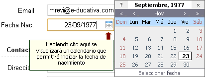 Cada usuario, podrá registrar su fecha de nacimiento. Para seleccionar el año de nacimiento se debe mantener presionada el botón << y desplazarse con el ratón hasta el año correcto.