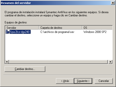 Instalación de servidores de Symantec AntiVirus Distribución de la instalación del servidor mediante una conexión de red 119 6 Seleccione los equipos con Windows donde desee llevar a cabo la