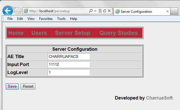 Server Configuration: Permite configurar los parámetros del servidor PACS: Application Entity Title: para identificar el servidor