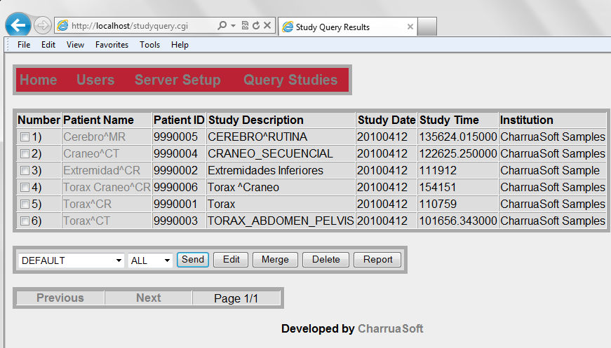 Clickeando en el nombre del paciente se abrirá la lista de series. También los estudios seleccionados pueden ser enviados hacia un servidor remoto utilizando la interface web.