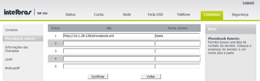 En Phonebook remoto deberá introducir: http:// IP del servidor/ nombre del archivo de agenda.