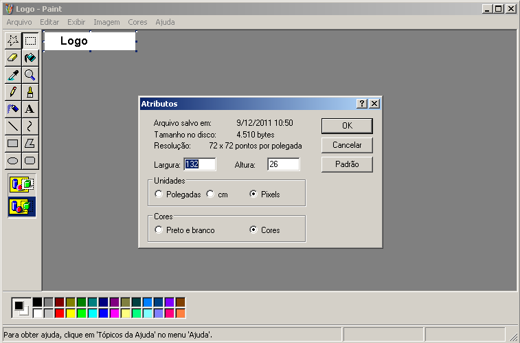 Criar logo no Paint Abra o programa Paint do Windows para criar seu logo. O arquivo deve ter resolução de no máximo 132 x 26 pixels.
