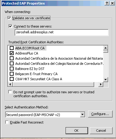 Pulsa el botón Configurar para MSCHAP y asegurate que la casilla "Usar automáticamente mi nombre de inicio de sesión y contraseña de Windows" está sin marcar.