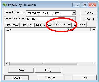 Paso 2: Iniciar el servidor de syslog en la PC-B. Después de iniciar la aplicación Tftpd32, haga clic en la ficha Syslog server (Servidor de syslog).