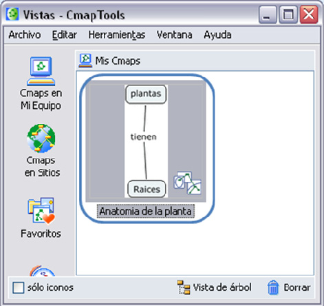 5. Abrir un Cmap En la ventana Vistas CmapTools. Busque el Cmap que desee abrir y de doble clic. Al instante se abre el Cmap seleccionado. 6.