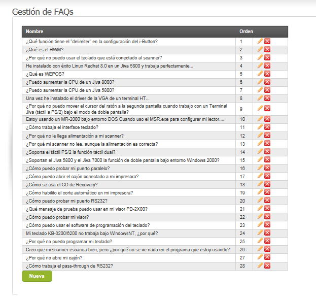 3.7 Gestión de FAQs Esta página permite la gestión de las FAQs (Preguntas frecuentes) de la aplicación web. En la página se listan las FAQs existentes y en la parte superior un buscador.