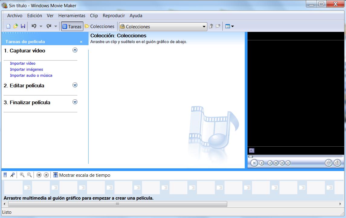 3. Mira a continuación la interfaz de Windows Movie Maker: Agregar Video, imágenes y música Espacio donde se muestran las colecciones Mostrar Escala de
