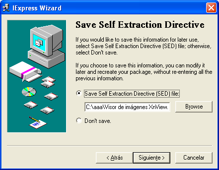 Finalmente elegimos la ubicación y el nombre donde se guardará el archivo "Self Extraction Directive (SED) file", y pulsamos Siguiente dos veces para crear el paquete autoejecutable.