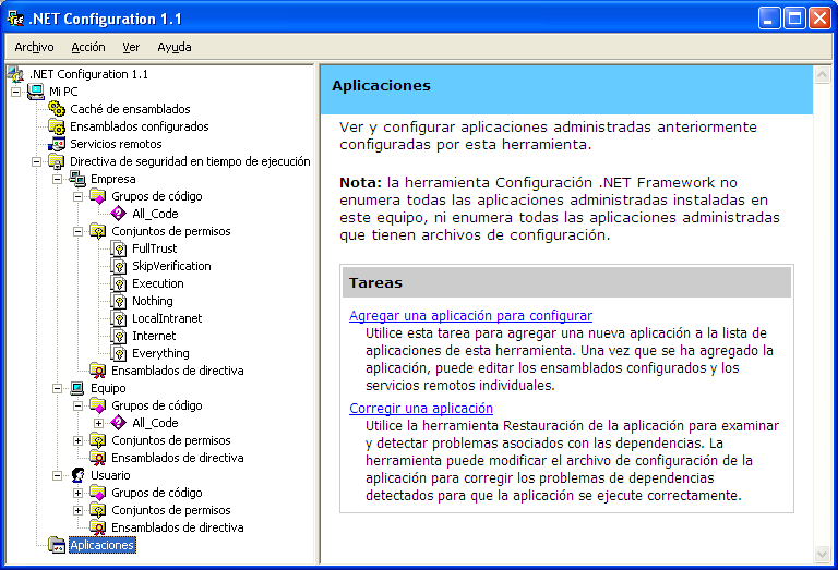 Consolas MMC Microsoft Management Console Mscorcfg.msc: Permite configurar NET Framework.